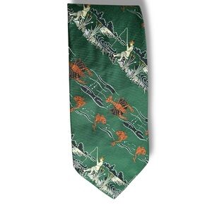 Vtg 70s Superba Green Orange Patterned Men's Tie fisherman fishing lobster fish